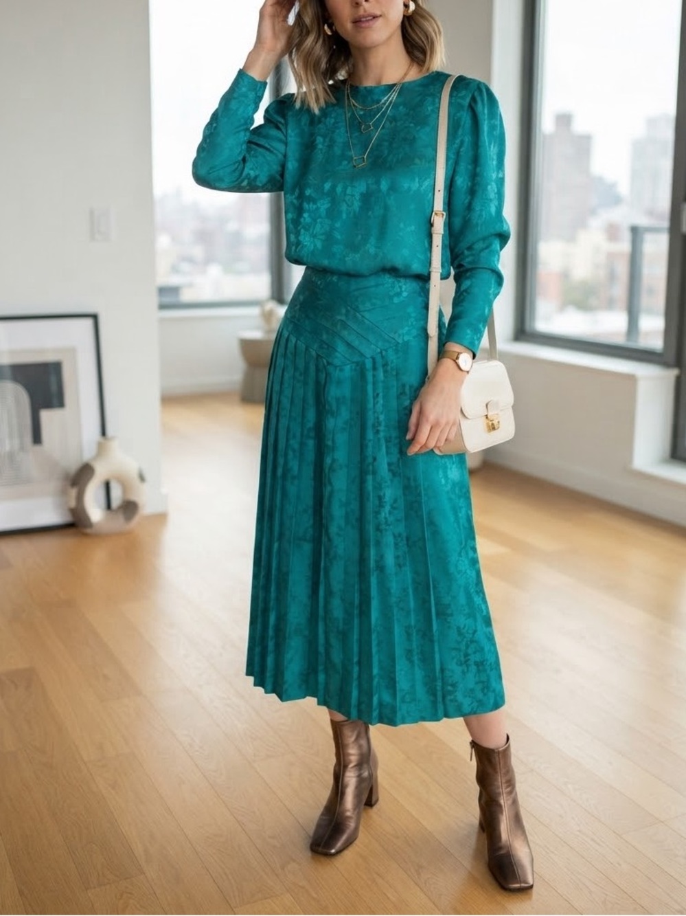 Vintage Jewel Toned Teal Dress Jacquard Pleated Midi Women’s Size 8 Long Sleeve
